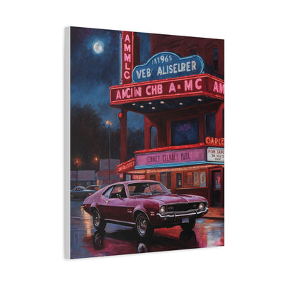 Vibrant Vintage Car Canvas featuring a old car in front of a retro theater at night