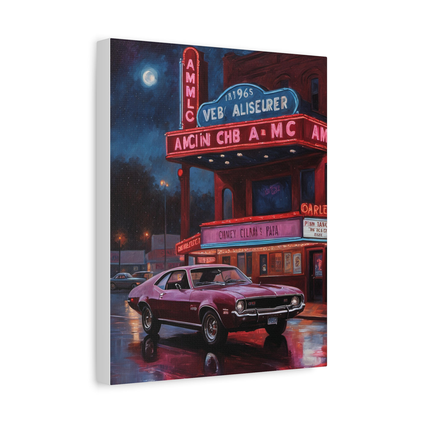 Vibrant Vintage Car Canvas featuring a classic car in front of a retro movie theater at night