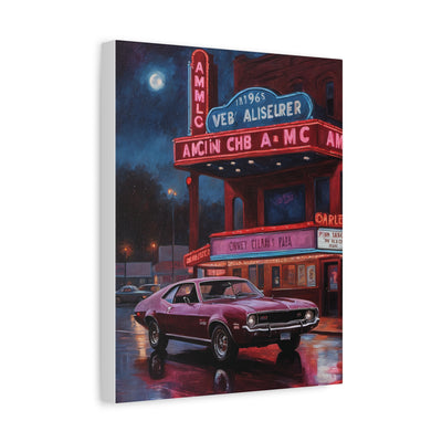 Vibrant Vintage Car Canvas featuring a classic car in front of a retro movie theater at night