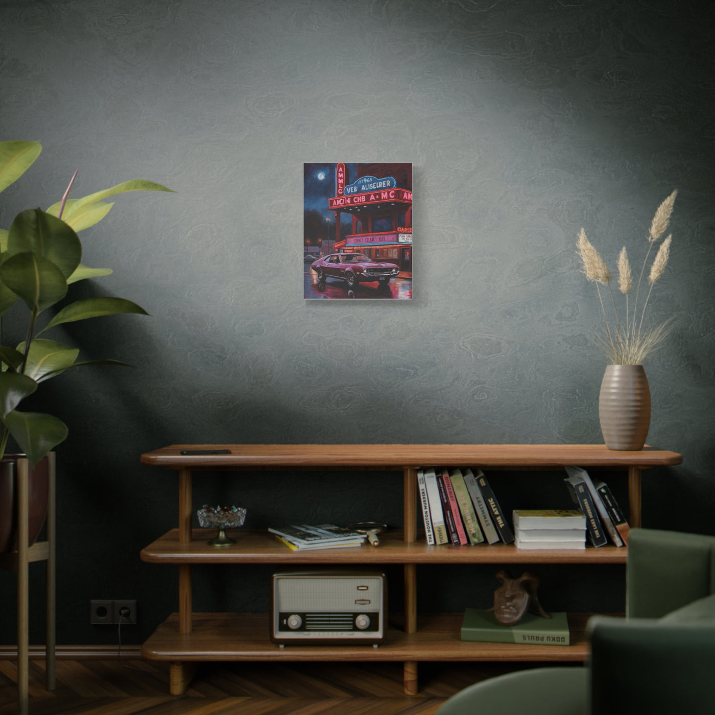 Vibrant Vintage Car Canvas art displayed in a stylish living room with plants and decor