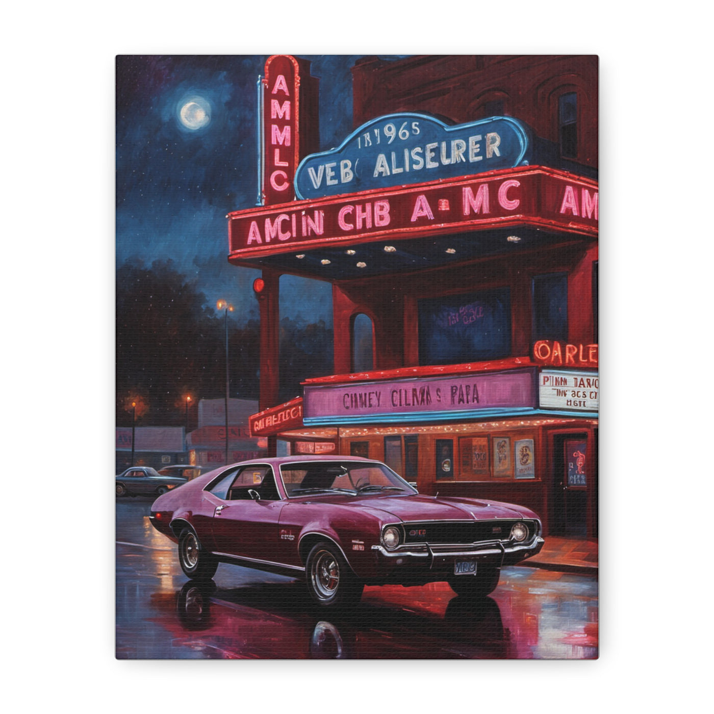 Vibrant Vintage Car Canvas featuring a classic car parked near a retro theater illuminated at night