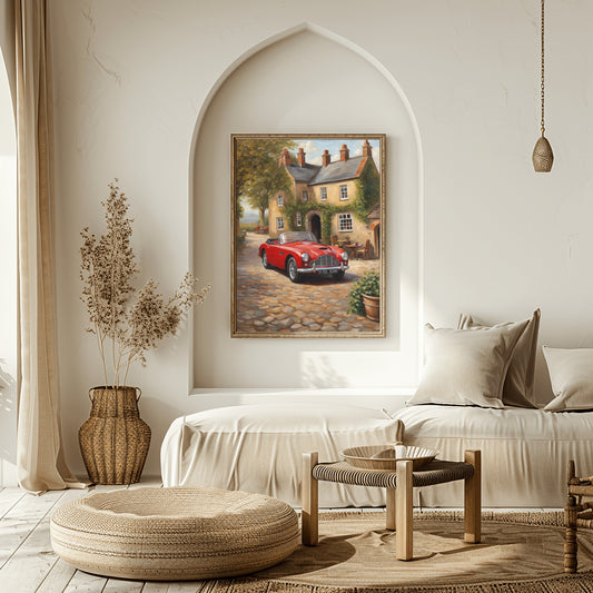 1950s convertible wall art depicting a red classic car parked on a cobblestone street by houses