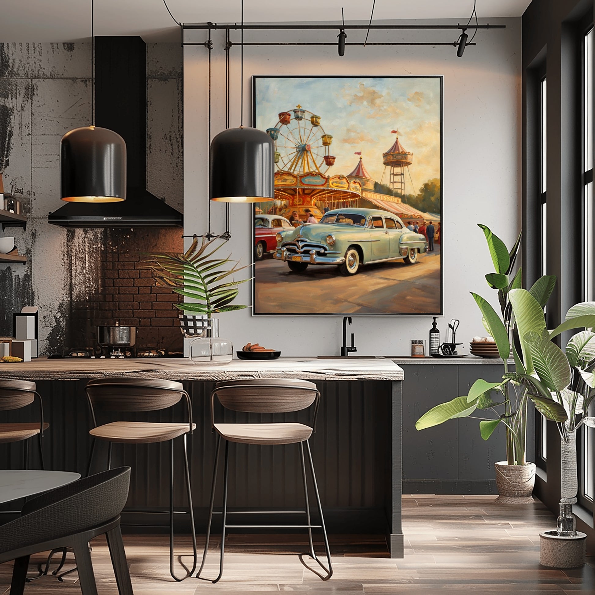 1950s ferris wheel artwork featuring vintage cars and carnival scene displayed in modern kitchen