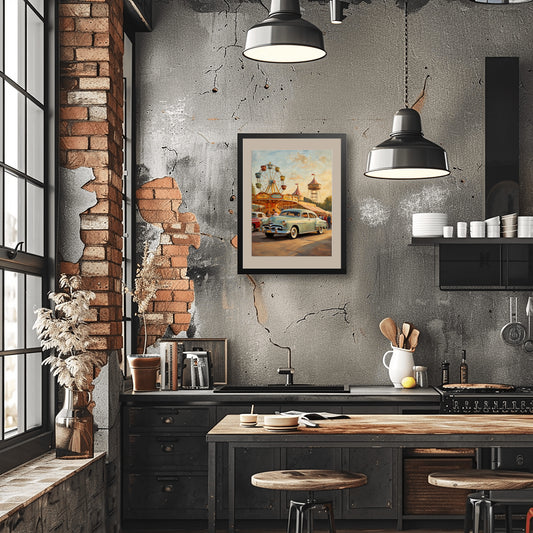 1950s ferris wheel artwork framed and hanging on wall in modern industrial kitchen space