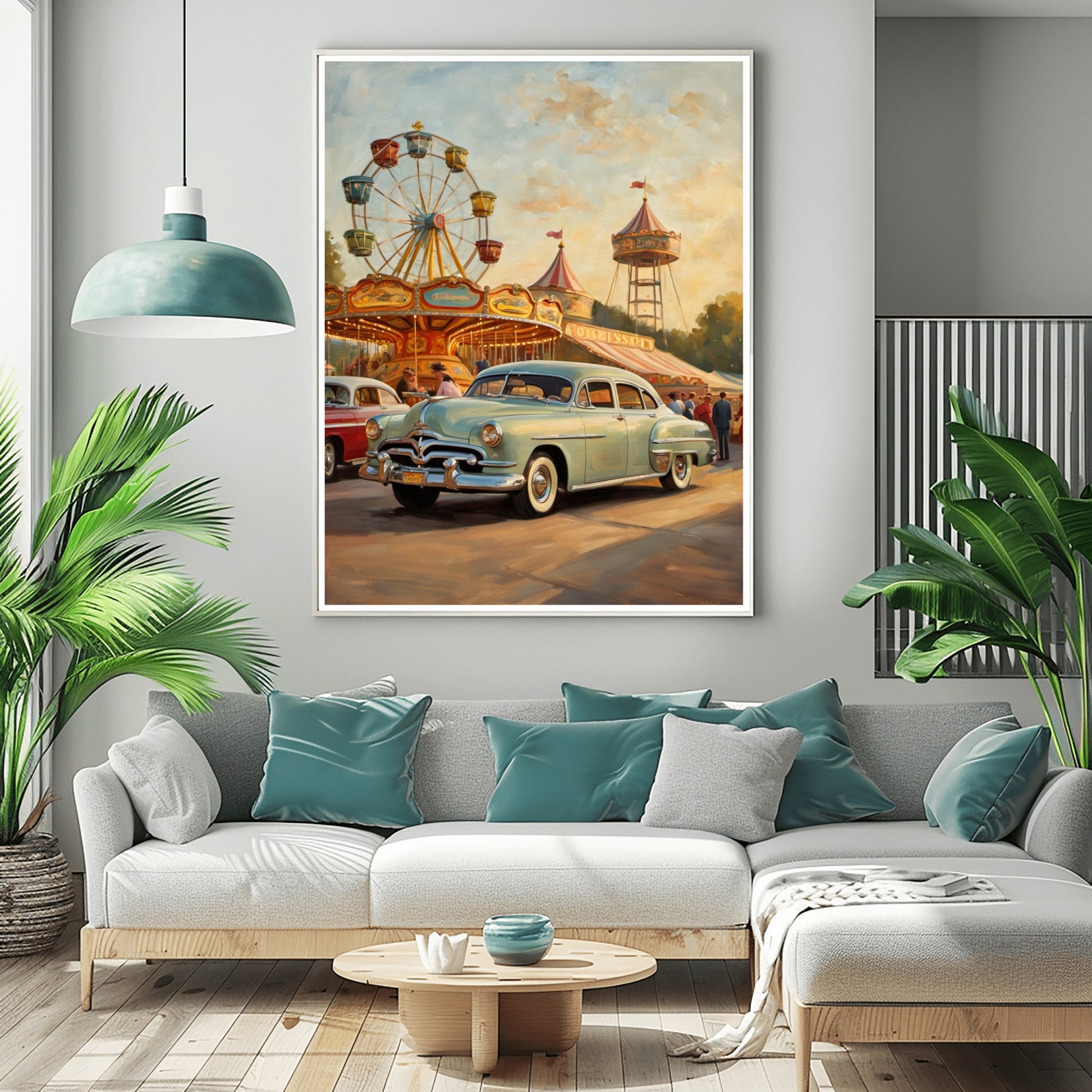 1950s ferris wheel artwork featuring vintage car and carnival scene in a modern living room
