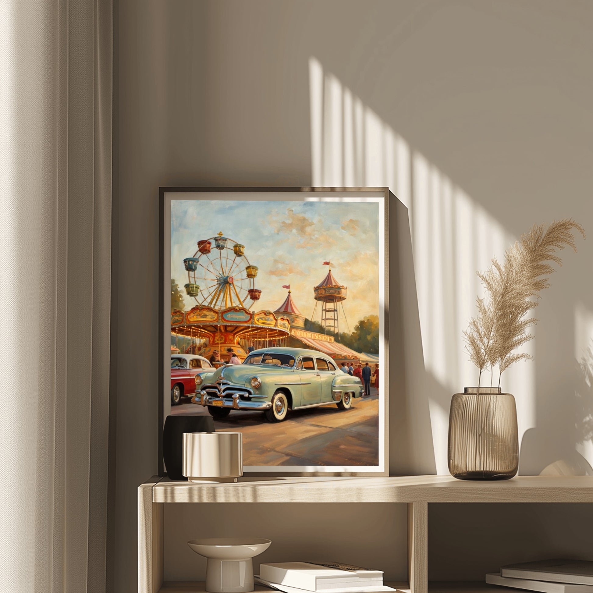 AquilVision 1950s ferris wheel artwork featuring vintage cars and carnival scene in a framed print