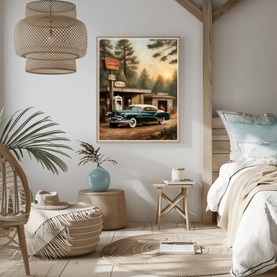 1950s retro car wall art by AquilVision displayed in a cozy modern bedroom with rustic decor