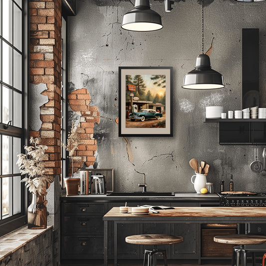 1950s retro car wall art by AquilVision displayed in a modern rustic kitchen with industrial lighting and exposed brick
