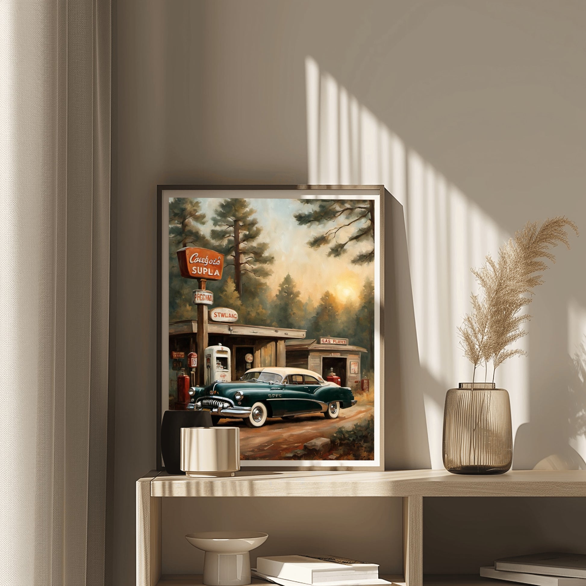 1950s retro car wall art by AquilVision featuring a vintage car at a gas station in a forest setting