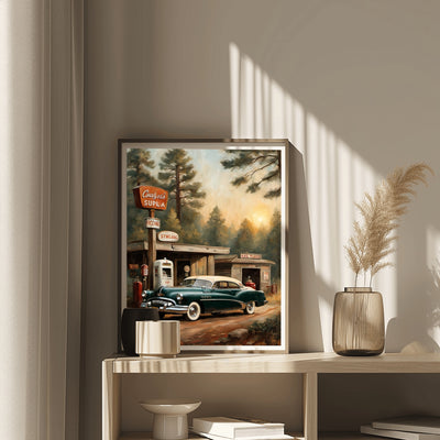 1950s retro car wall art by AquilVision featuring a vintage car at a gas station in a forest setting