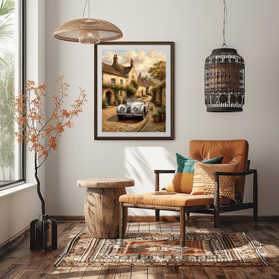 1950s roadster wall art print by AquilVision displayed in cozy modern living room with wooden furniture and warm decor