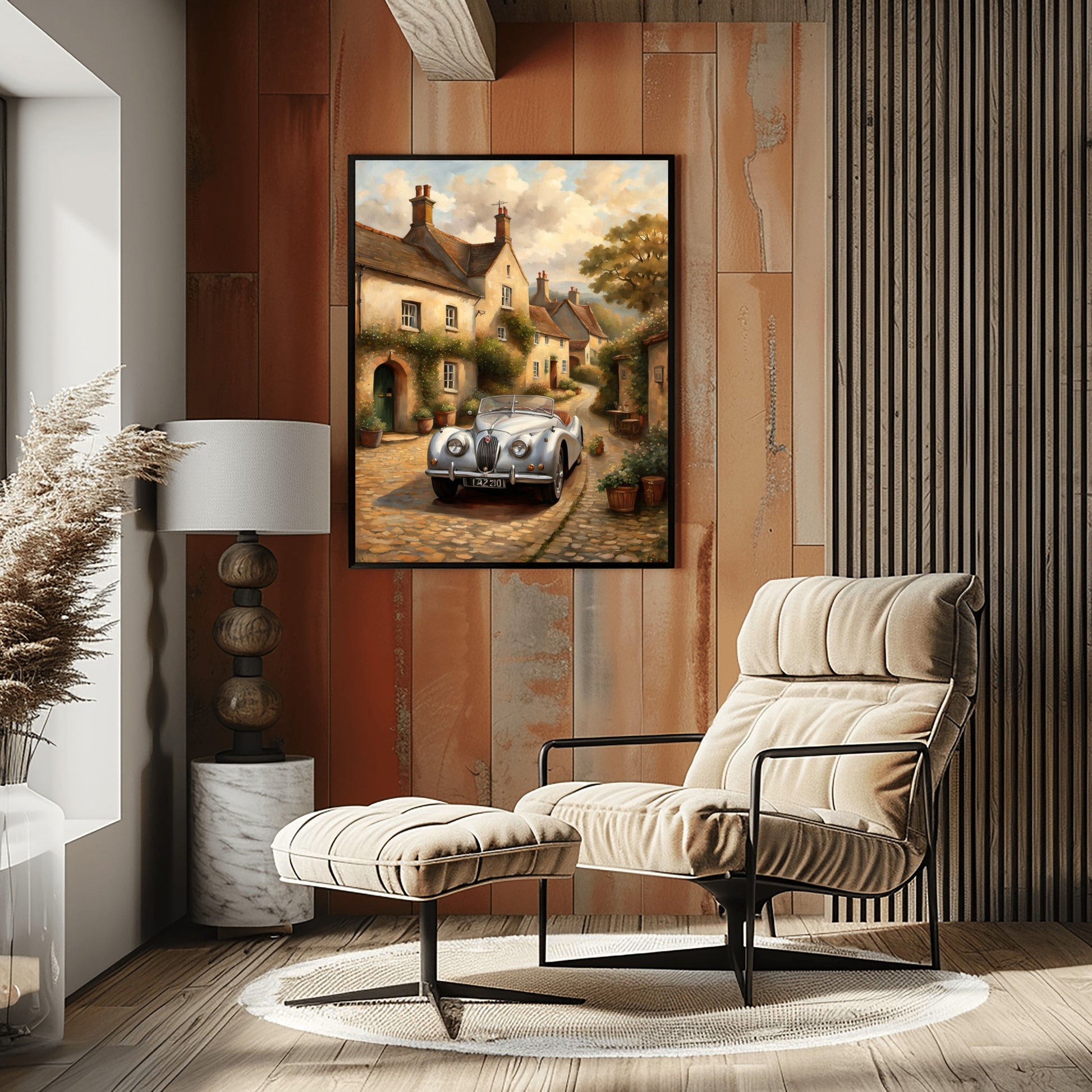 1950s roadster wall art by AquilVision displayed in a cozy modern living room with wooden walls and beige armchair