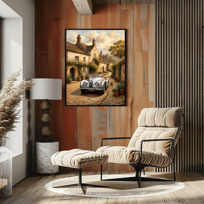 1950s roadster wall art by AquilVision displayed in a cozy modern living room with wooden walls and beige armchair