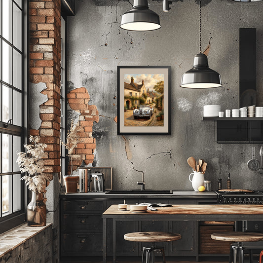 1950s roadster wall art framed and displayed on a rustic kitchen wall by AquilVision