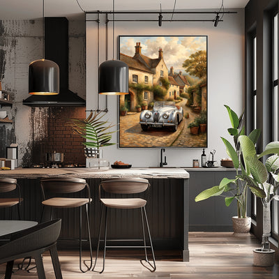 1950s roadster wall art featuring a classic car on a village street displayed in modern kitchen