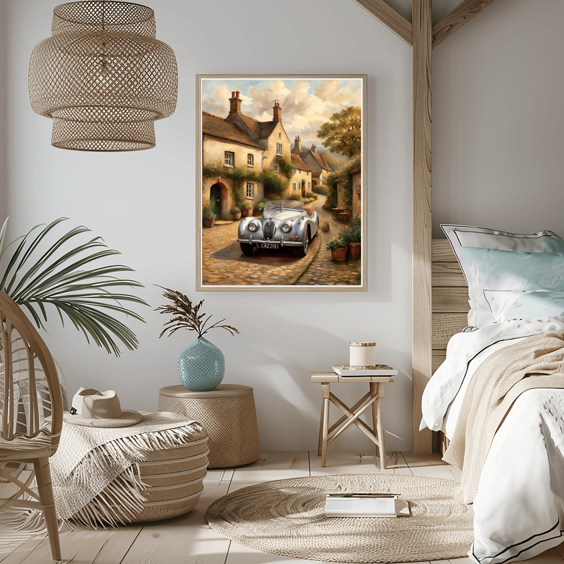 1950s roadster wall art by AquilVision displayed in a cozy modern bedroom with rustic decor