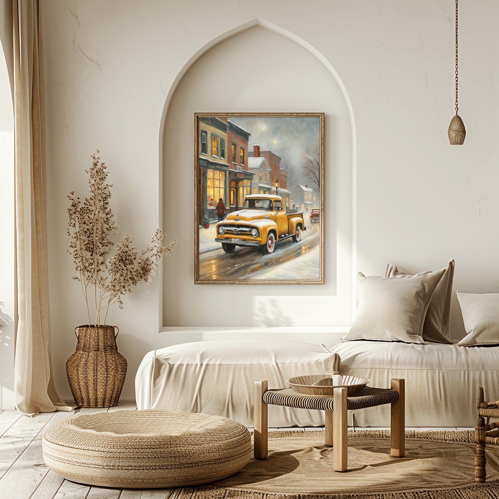 1950s snowy town wall decor featuring a vintage yellow truck on a winter street scene