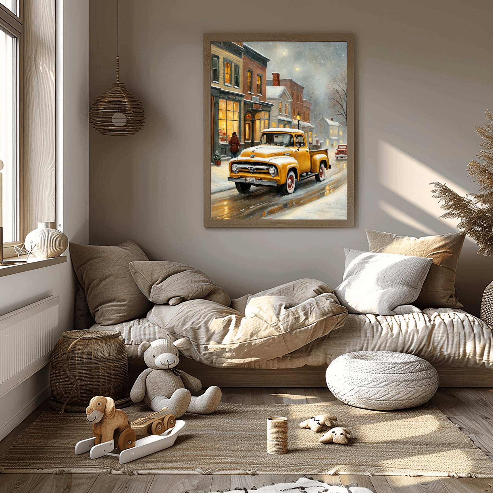 1950s snowy town wall decor featuring a vintage yellow truck on a snowy street in a cozy living room