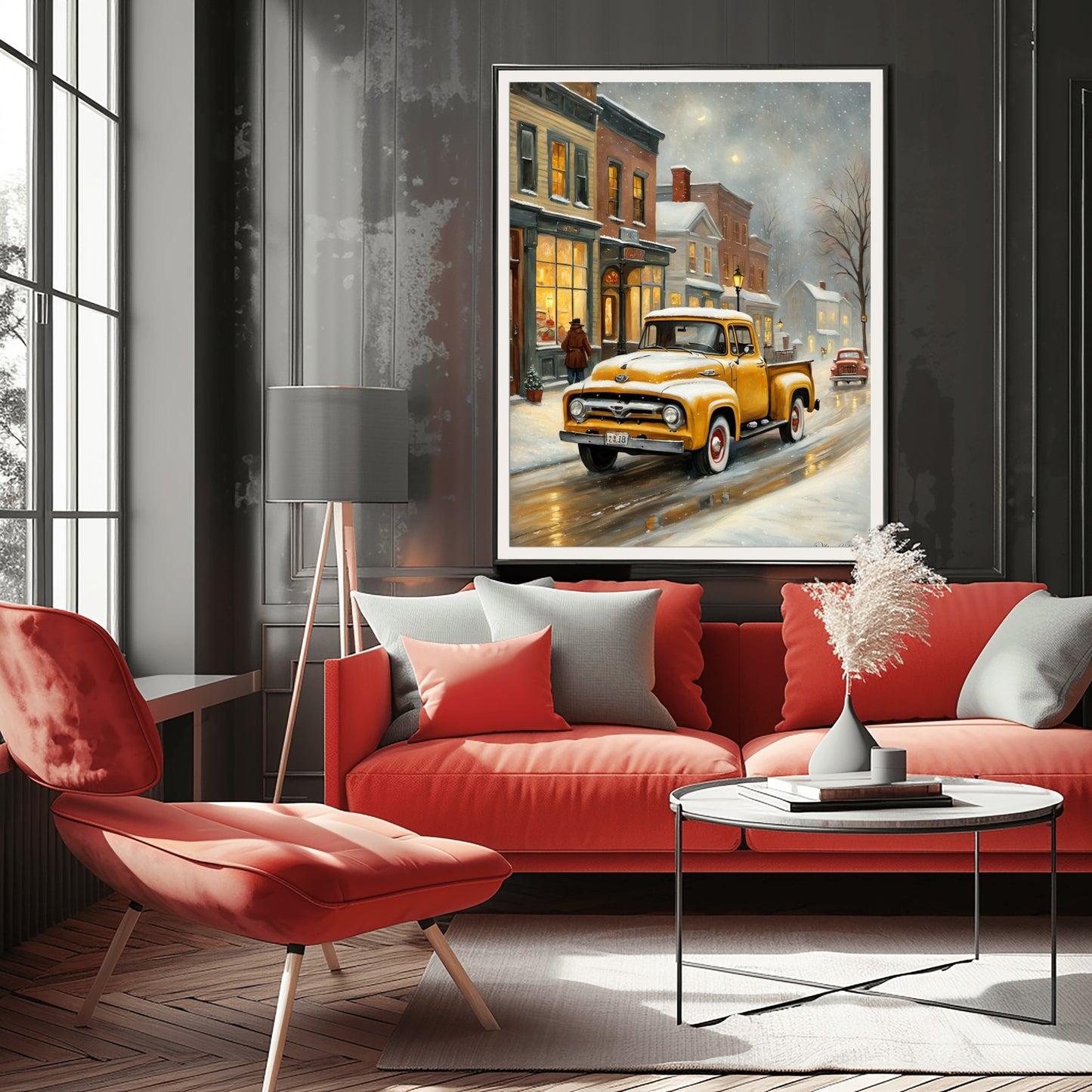 1950s snowy town wall decor featuring vintage yellow truck on street in cozy living room
