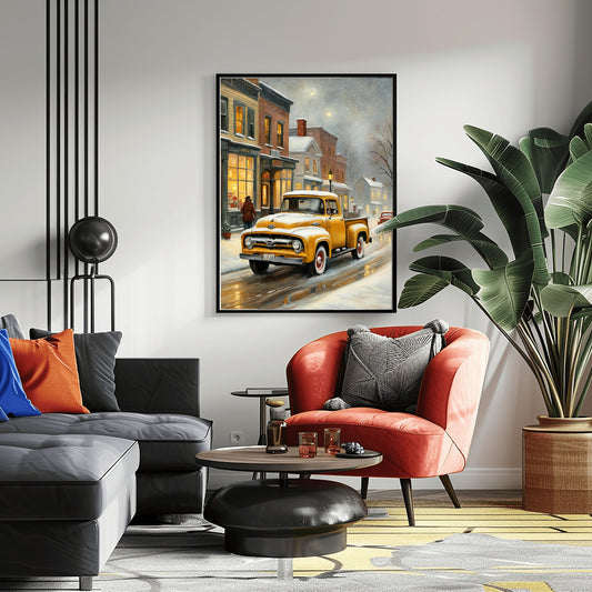 1950s snowy town wall decor showing a vintage yellow truck on a snowy street in a cozy living room