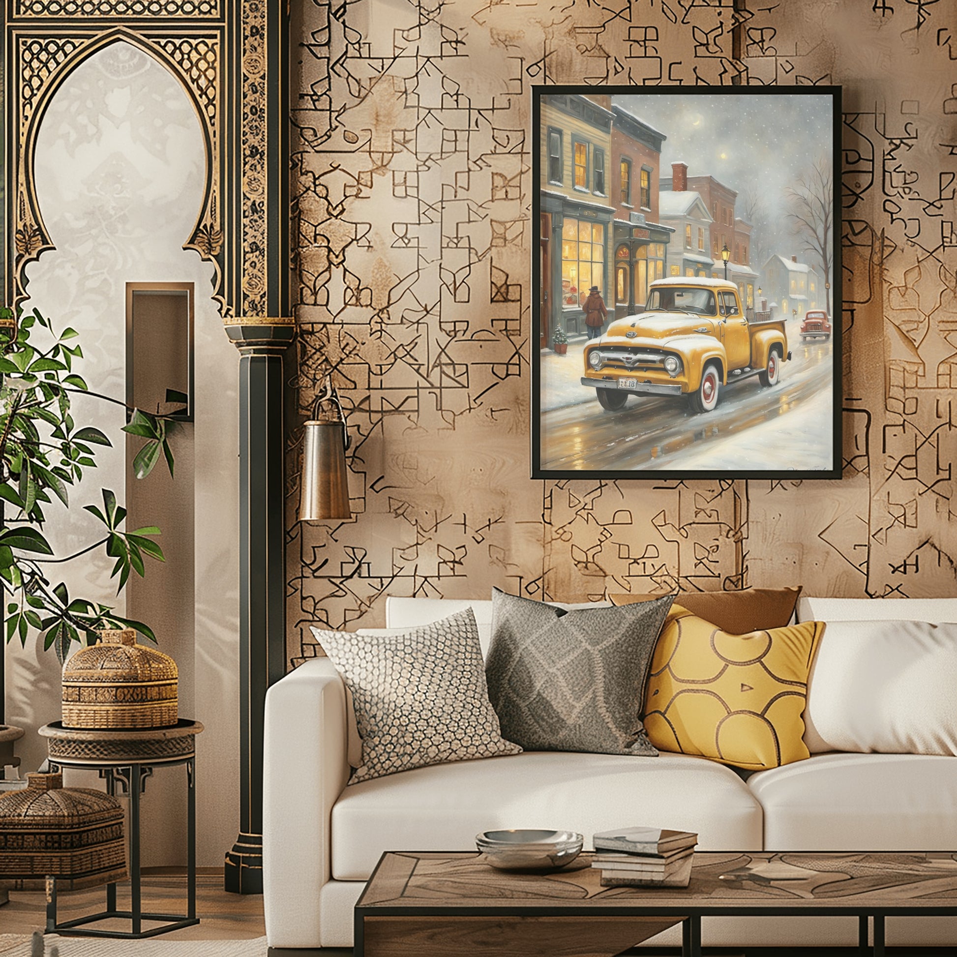 1950s snowy town wall decor featuring a vintage yellow pickup truck on a snowy street in a cozy living room