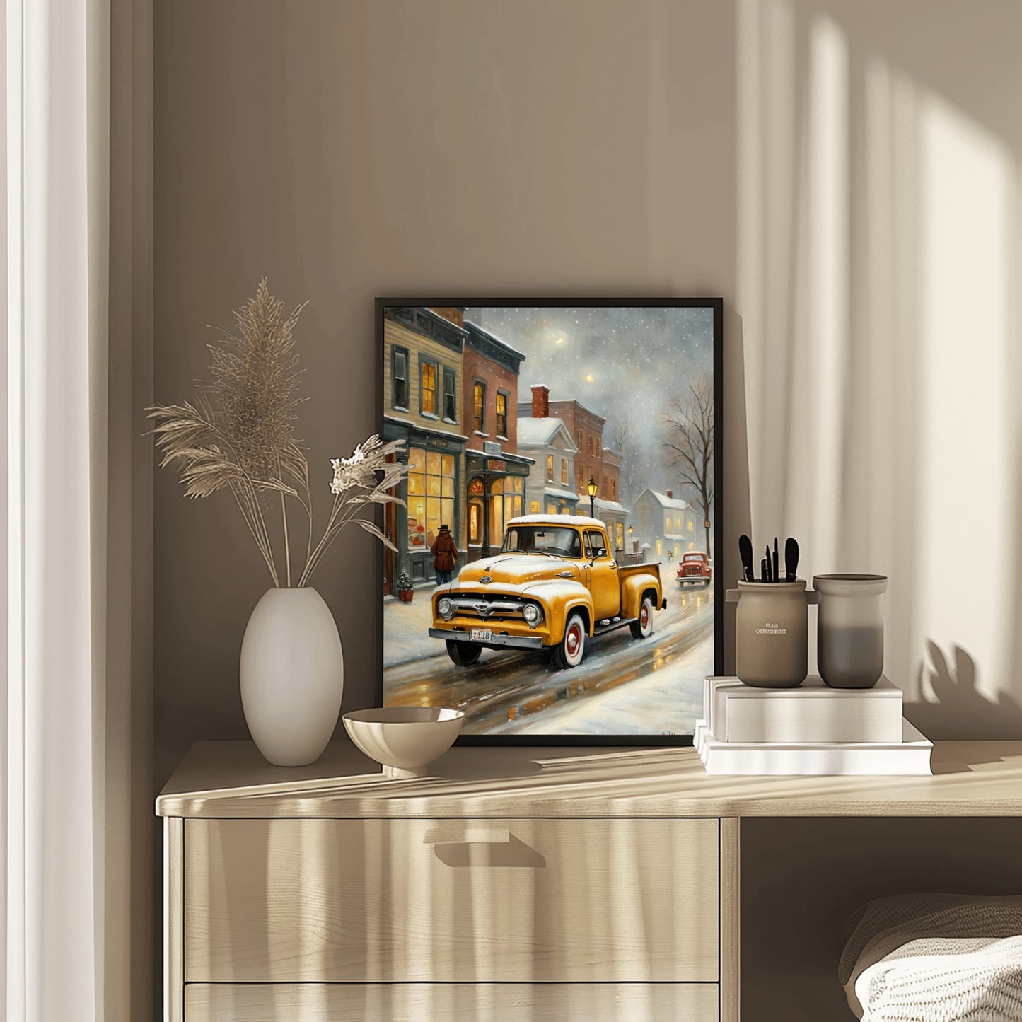 1950s snowy town wall decor featuring a vintage yellow truck on a winter street by AquilVision