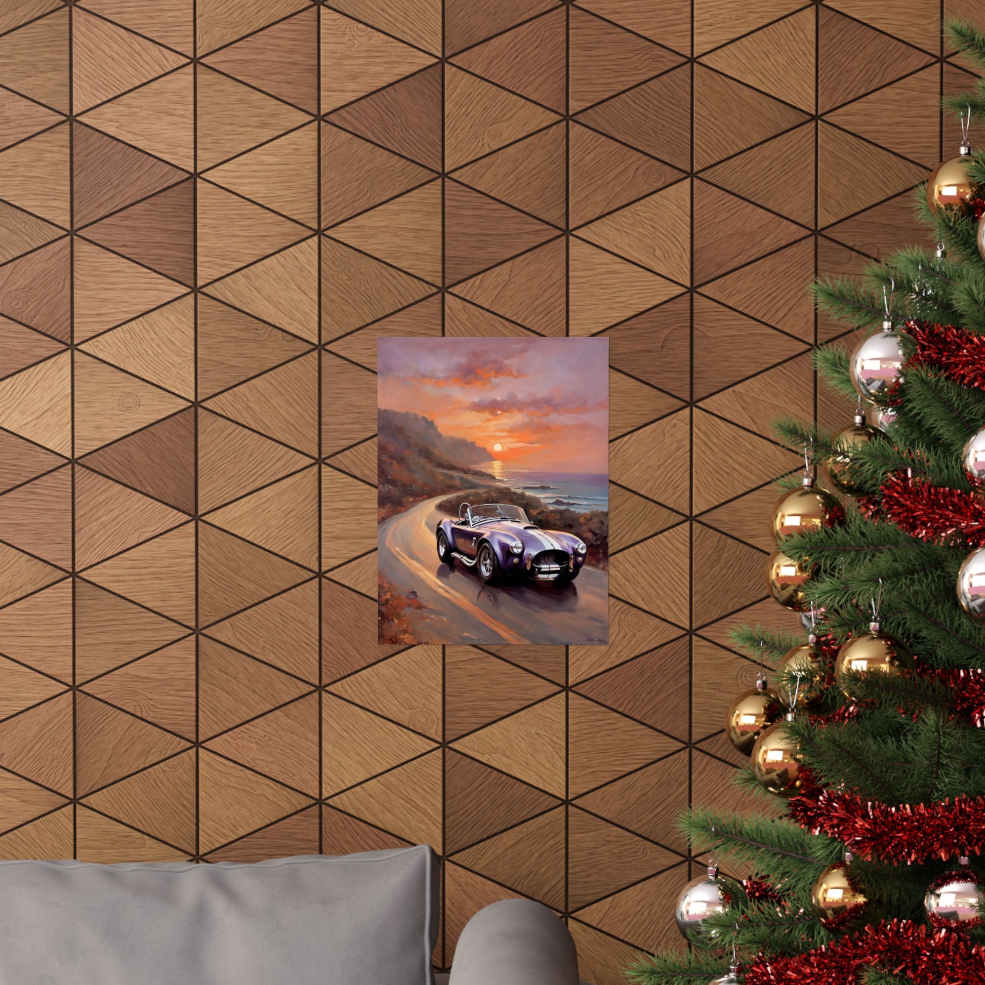 Vintage American Car Art poster displayed on a textured wall near a Christmas tree