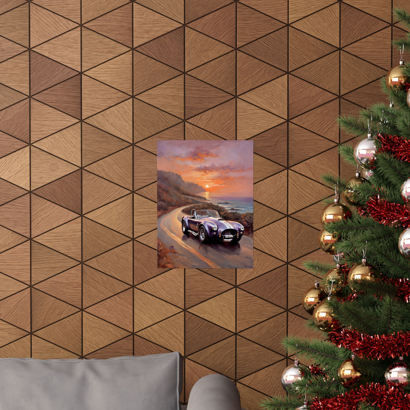 Vintage American Car Art poster displayed on a textured wall near a Christmas tree