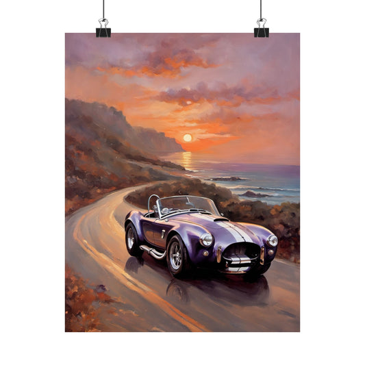 Vintage American Car Art featuring a purple classic car on a scenic coastal sunset road