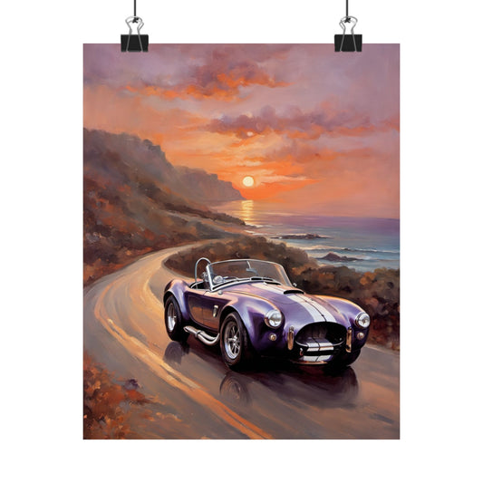 Vintage American Car Art featuring a purple convertible on a coastal road at sunset