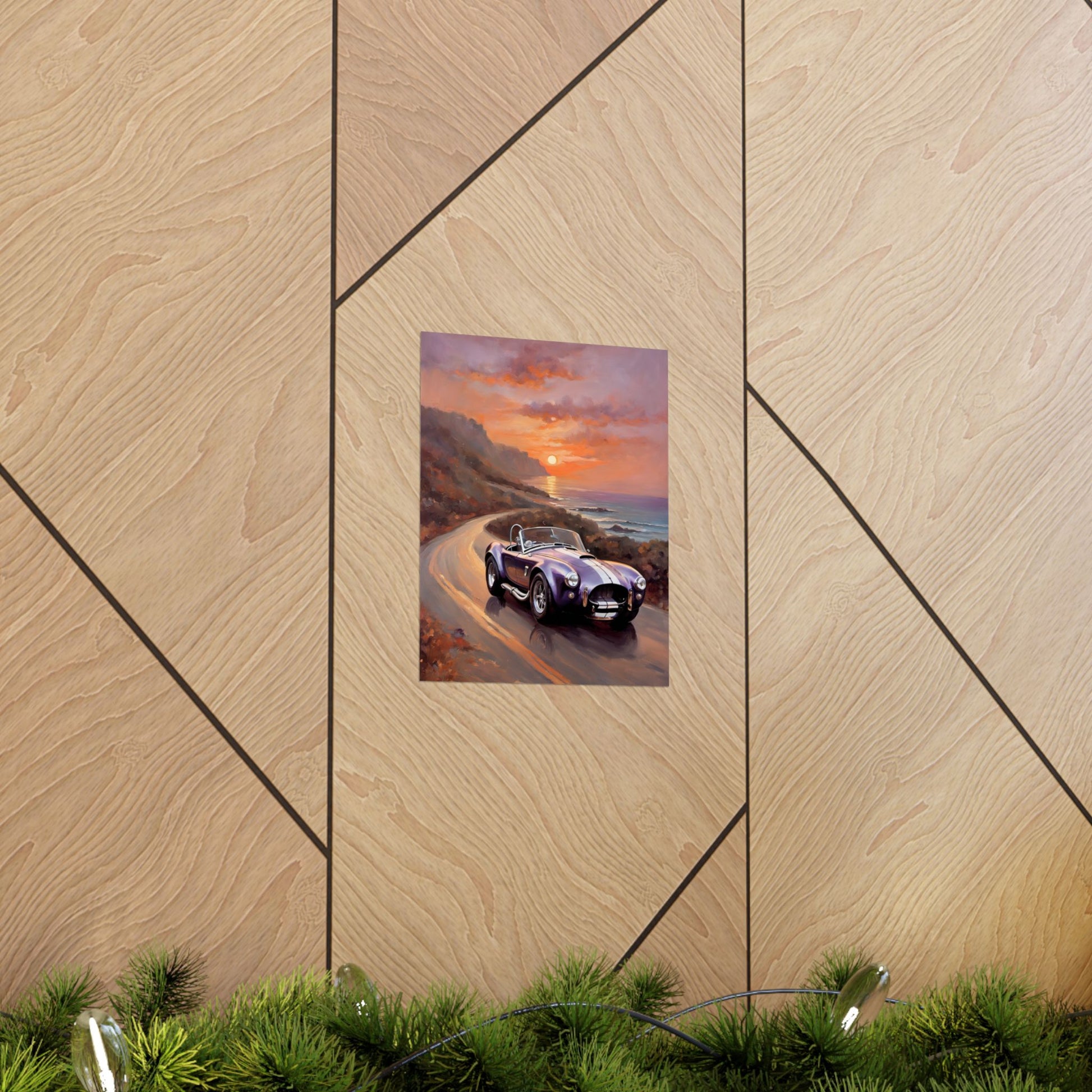 Vintage American Car Art poster depicting a classic car on a scenic coastal road at sunset