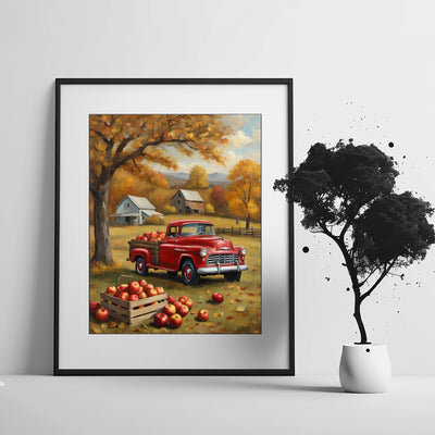 Framed digital print of 1950s pickup truck wall art with red truck and autumn apples in countryside