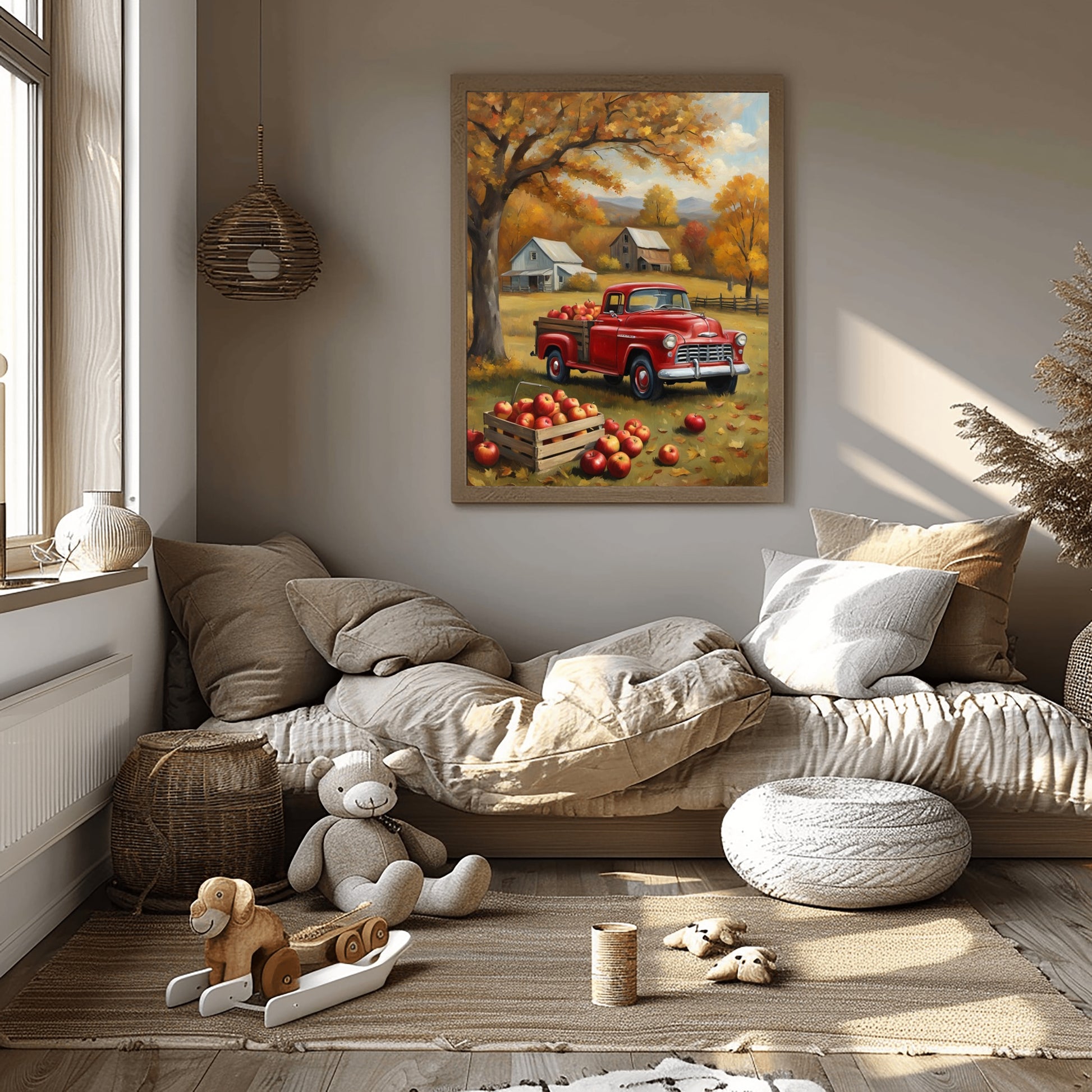 1950s pickup truck wall art featuring a red vintage truck in autumn orchard scene by AquilVision