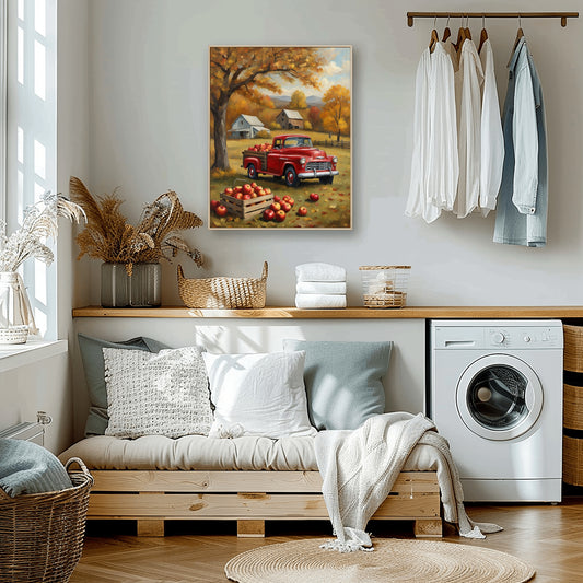 1950s pickup truck wall art featuring a red vintage truck in an autumn farm setting hanging above a cozy laundry room bench