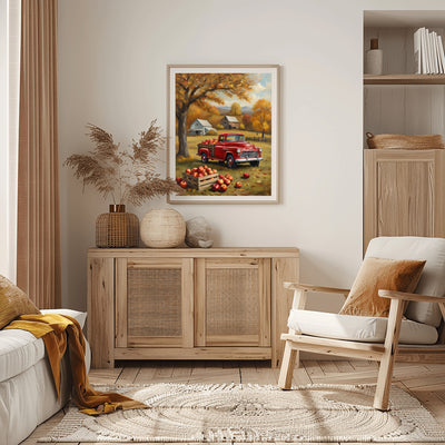 1950s pickup truck wall art featuring a red vintage truck with autumn apples in a cozy farmhouse setting
