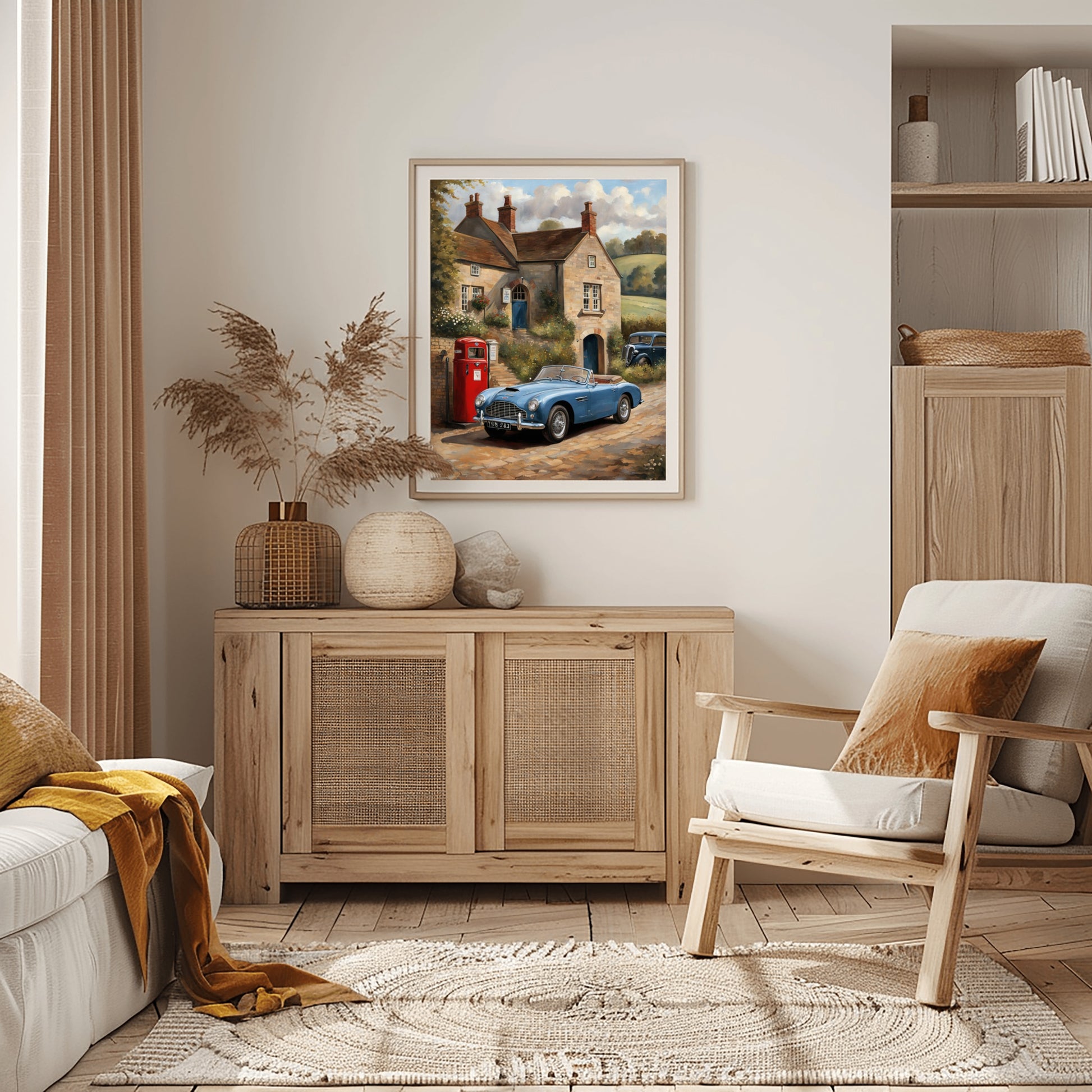 vintage automobile artwork for home showing a blue classic car parked by a countryside cottage in a cozy living room