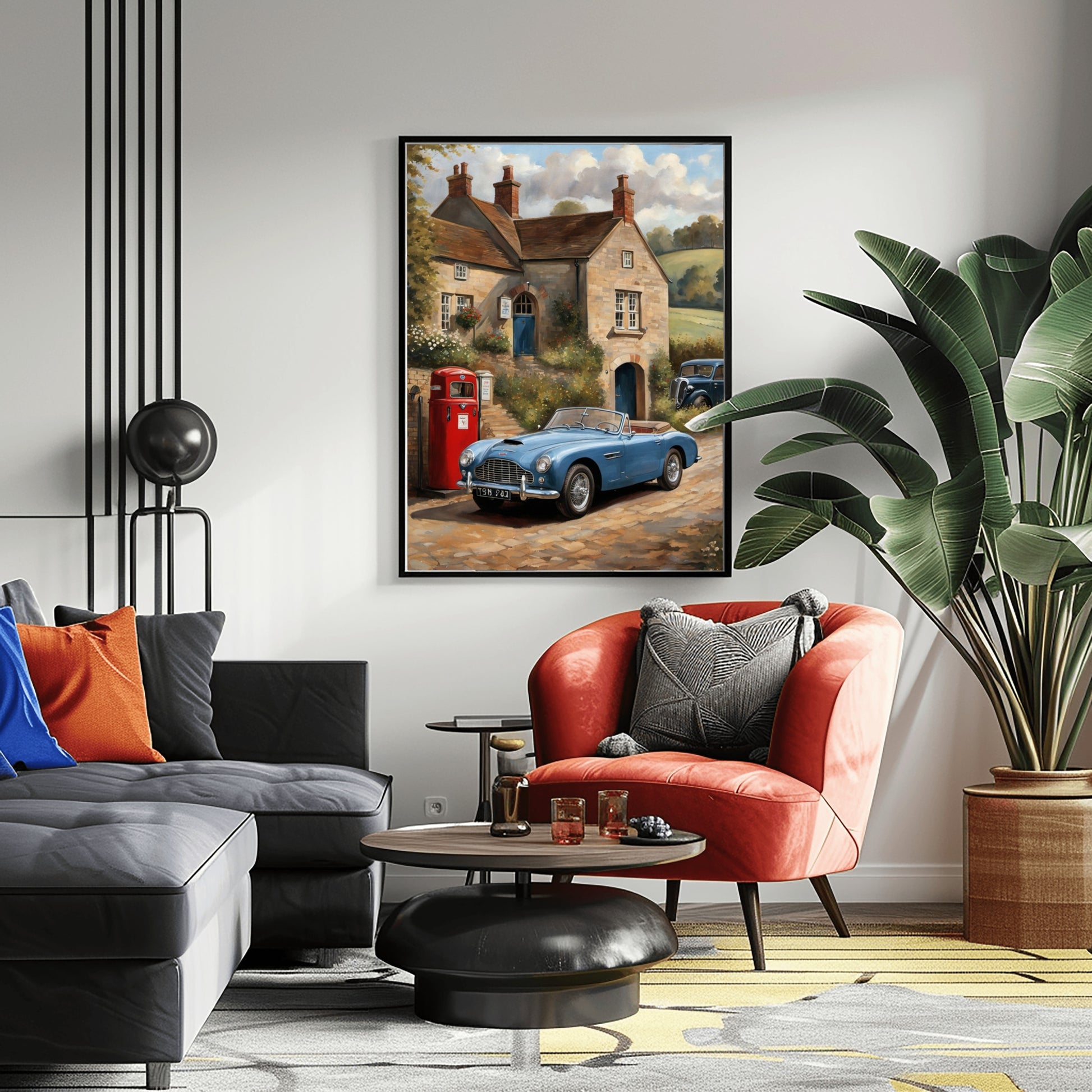 Vintage automobile artwork for home featuring a blue classic car in front of a rustic house by AquilVision