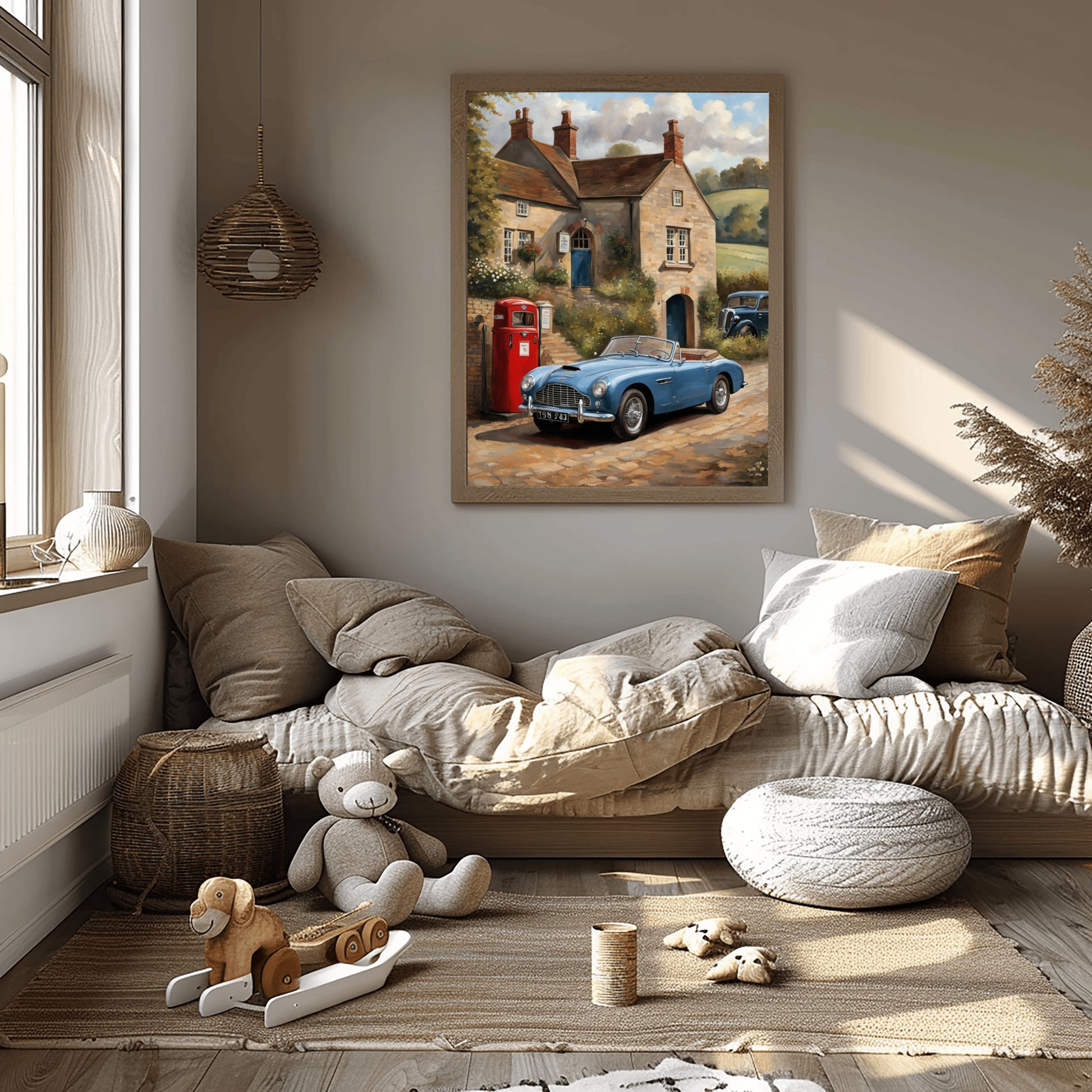 Vintage automobile artwork for home featuring a blue classic car and countryside cottage in stylish living room