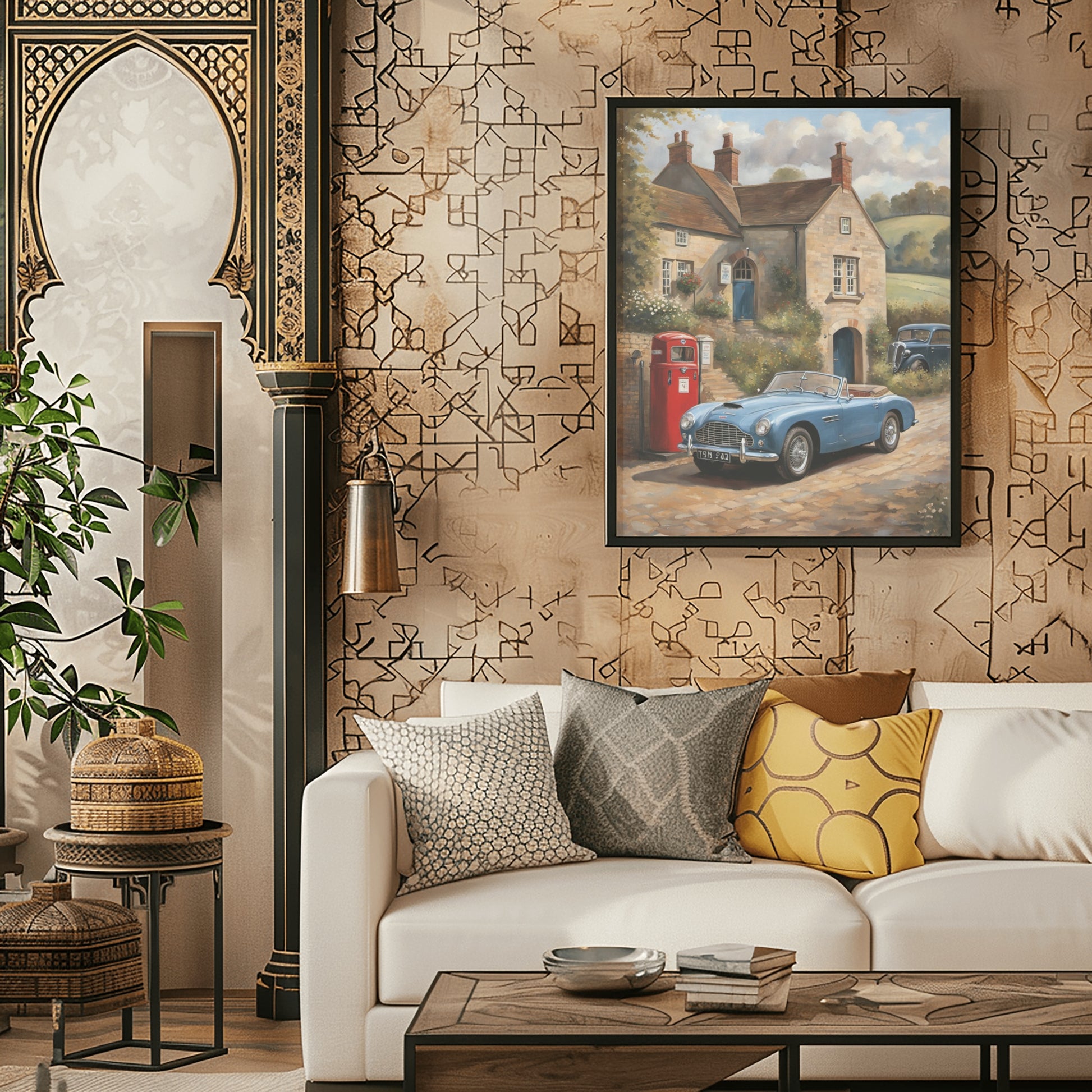 Vintage automobile artwork for home featuring a classic blue car by a countryside house in a stylish living room