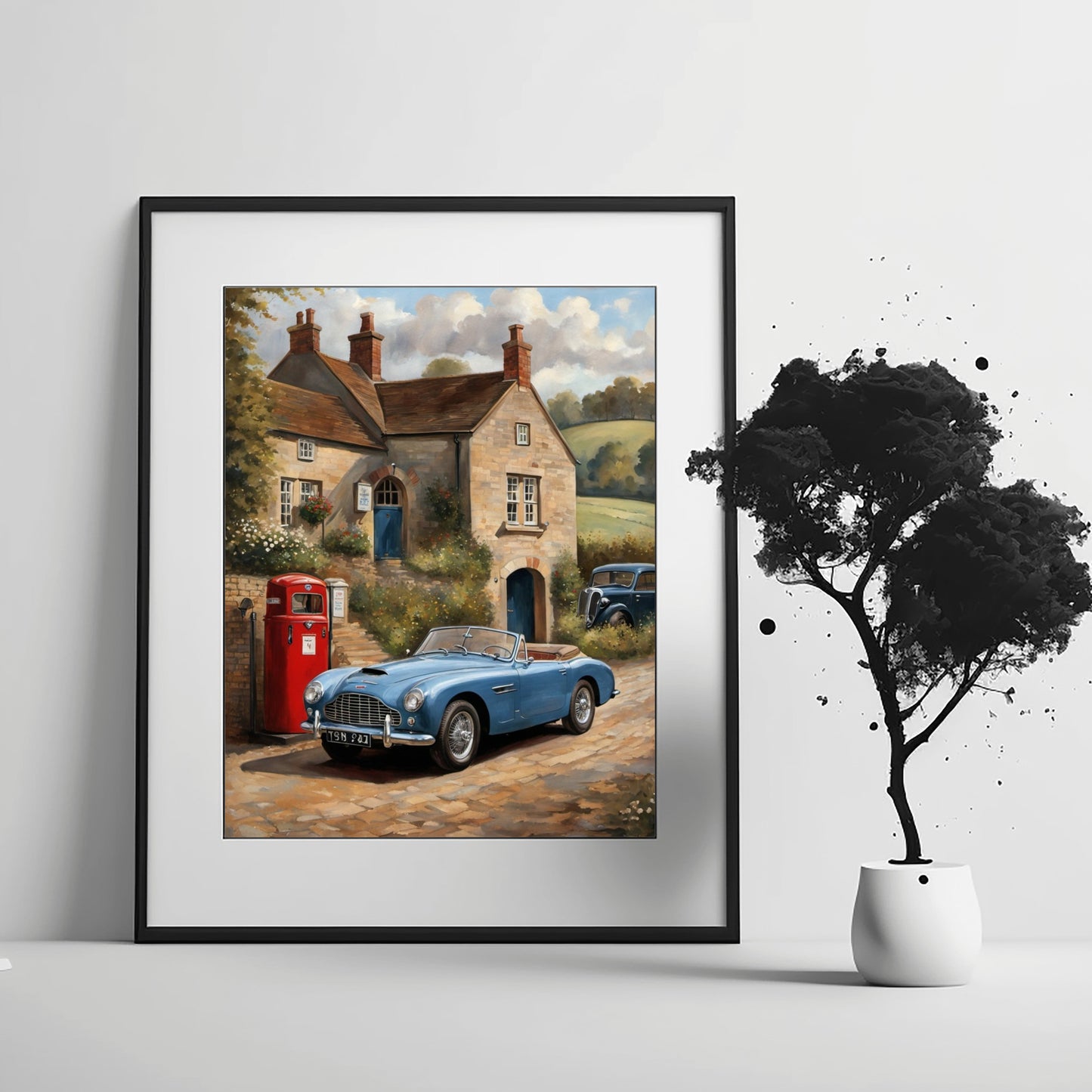 Vintage automobile artwork for home featuring a classic blue car in front of a countryside cottage