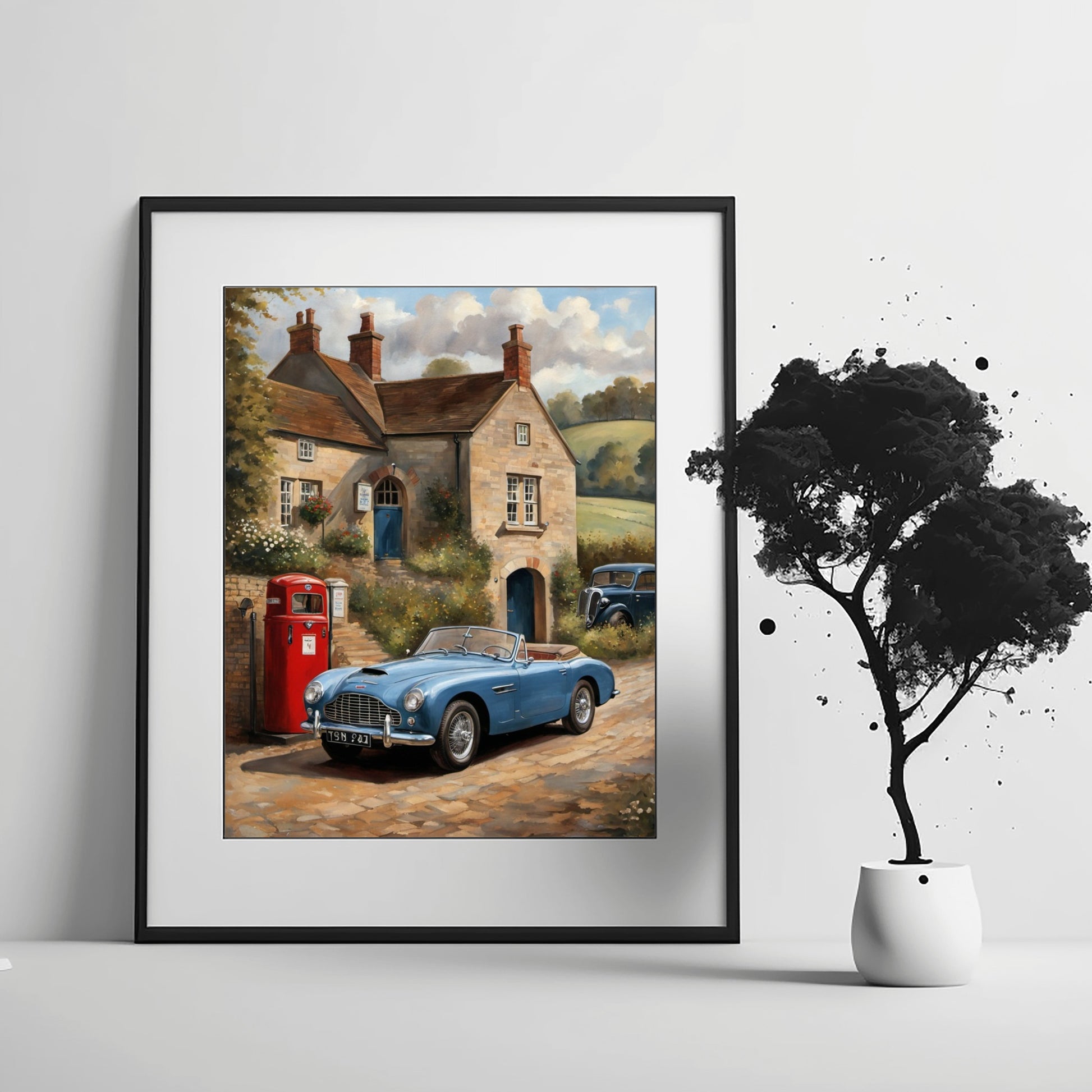 Vintage automobile artwork for home featuring a classic blue car in front of a countryside cottage