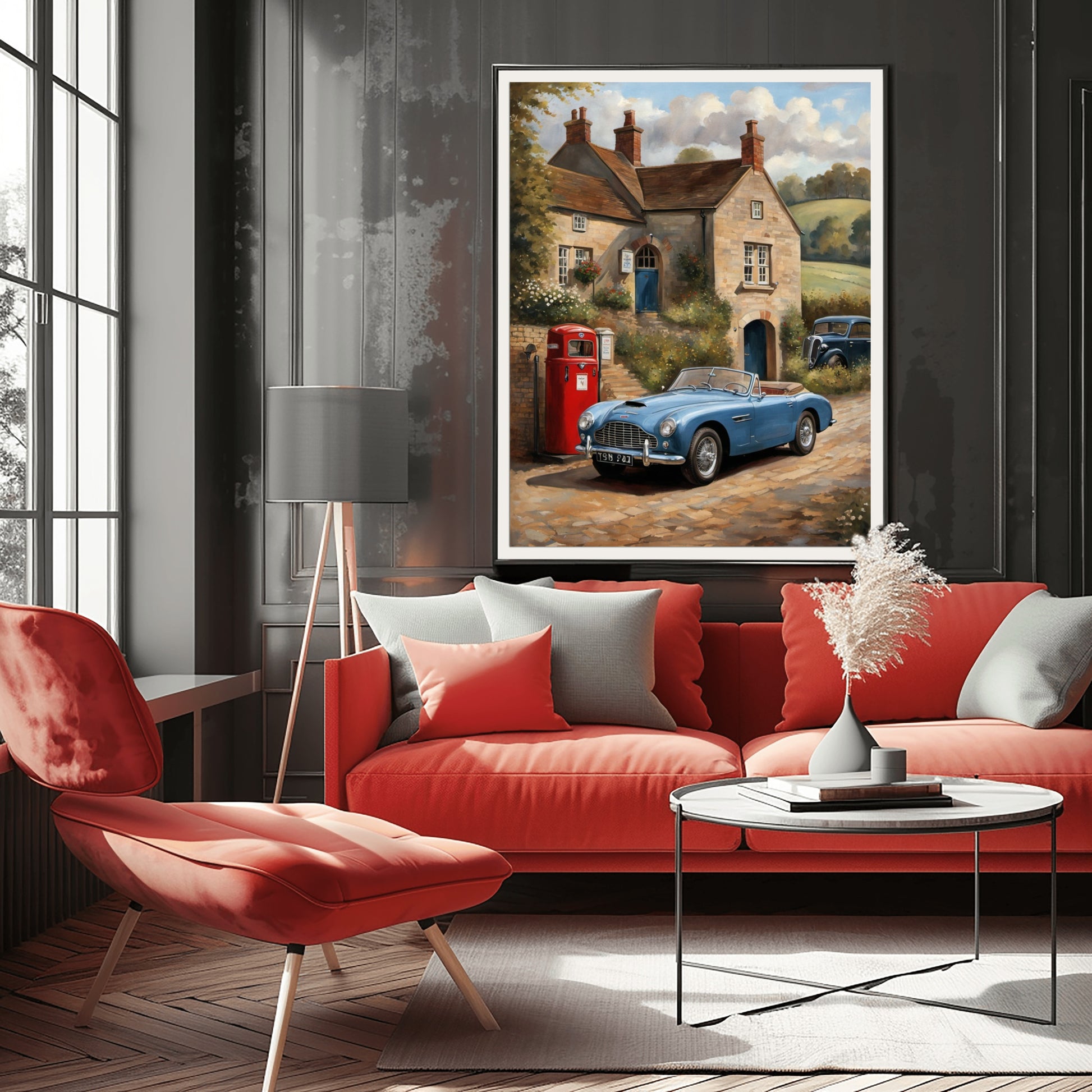 Vintage automobile artwork for home featuring a classic blue car parked by a rustic cottage