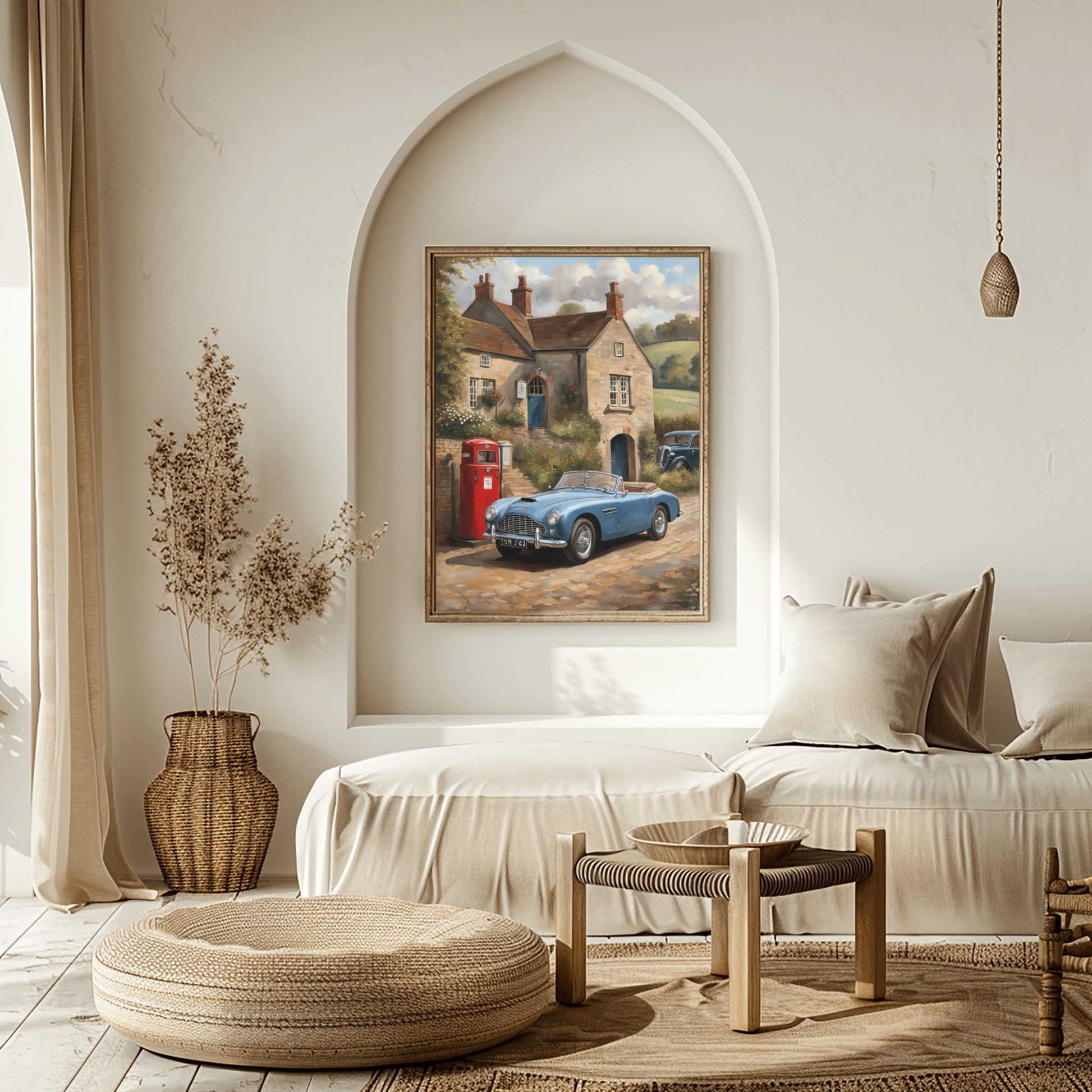Vintage automobile artwork for home featuring a classic blue car parked near a rustic house