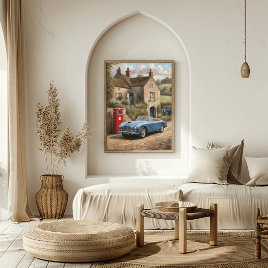 Vintage automobile artwork for home featuring a classic blue car parked near a rustic house