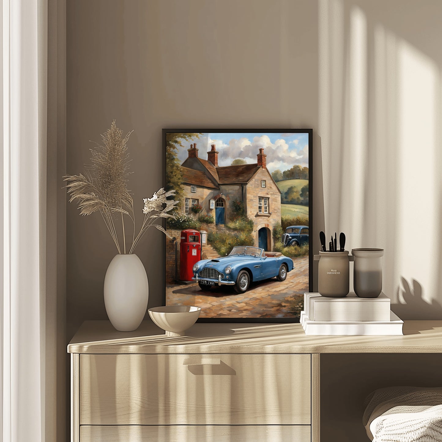 Vintage automobile artwork for home showing a blue classic car in front of a countryside house
