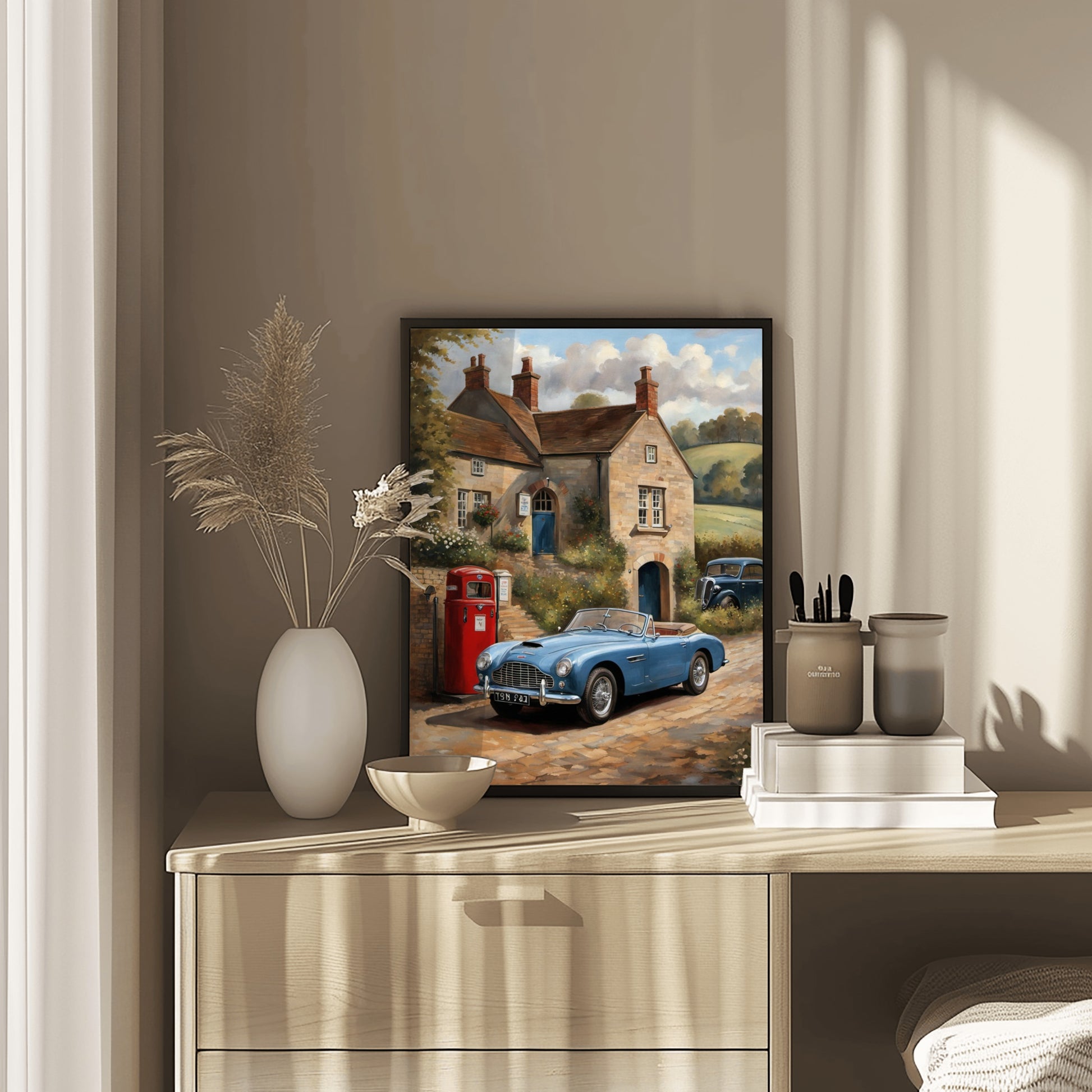 Vintage automobile artwork for home showing a blue classic car in front of a countryside house