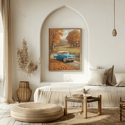 Vintage autumn car wall art featuring a classic blue car on a tree-lined road with fall foliage