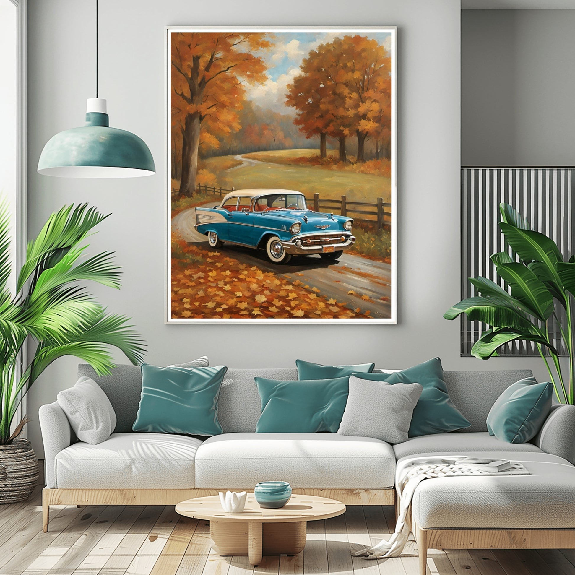 vintage autumn car wall art featuring a blue classic car on a road surrounded by fall trees in a living room