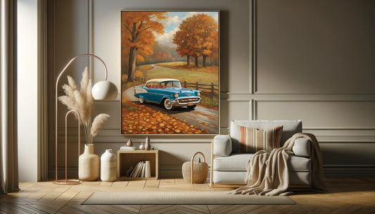Vintage autumn car wall art by AquilVision displayed in a cozy living room with autumn colors and classic blue car