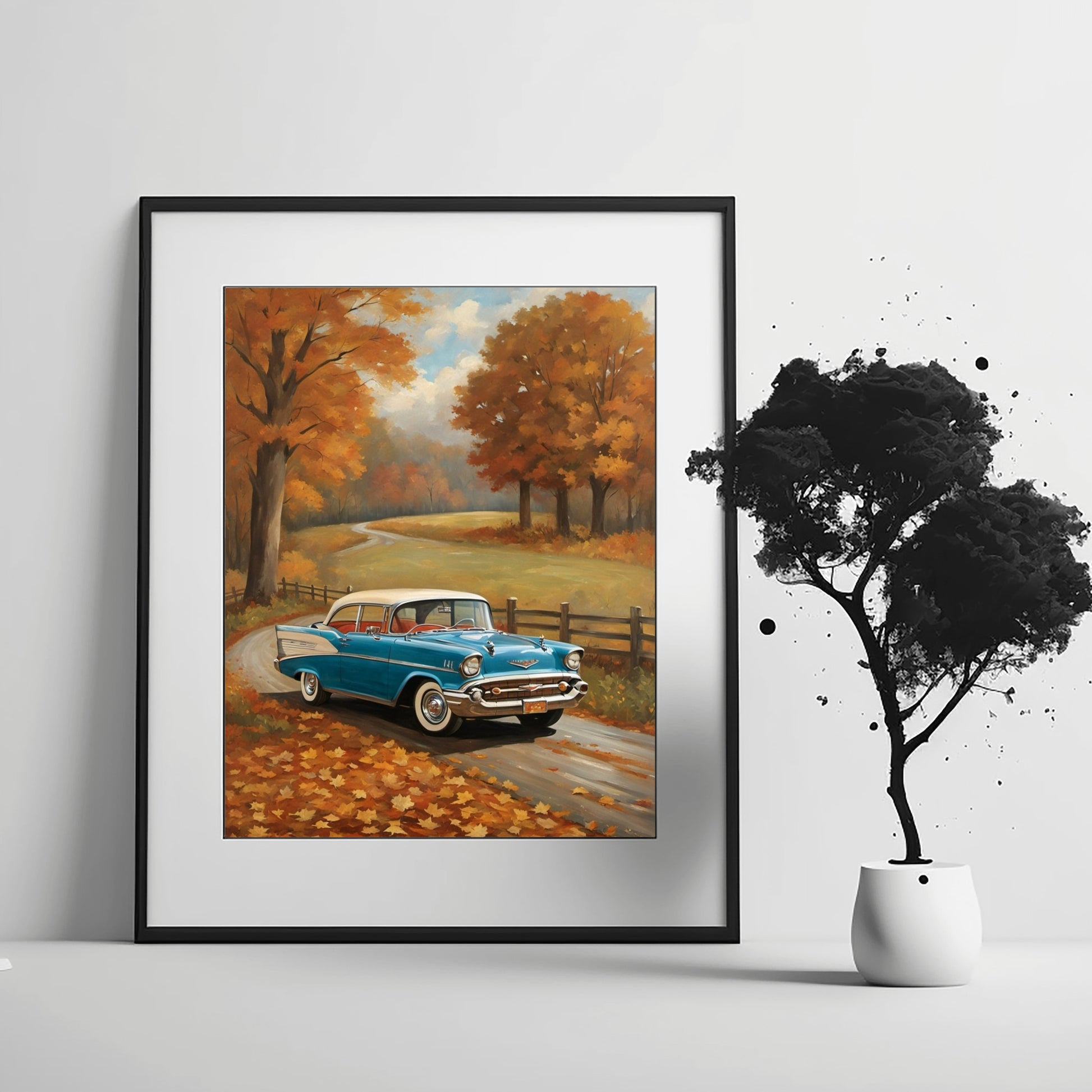 Vintage autumn car wall art featuring a blue classic car on a leaf-covered road with fall trees
